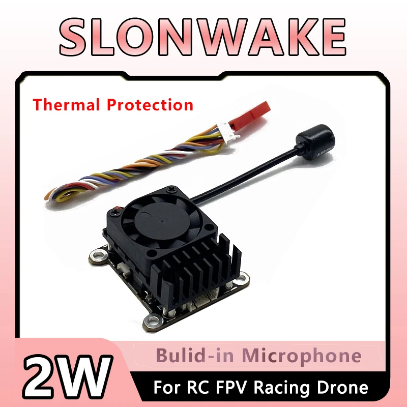 48CH SLONWAKE  5.8GHz 2W  VTX Video Transmitter Cooling Fan with Build-in Mic 30.5 × 30.5 For RC FPV Long Range Fixed-wing