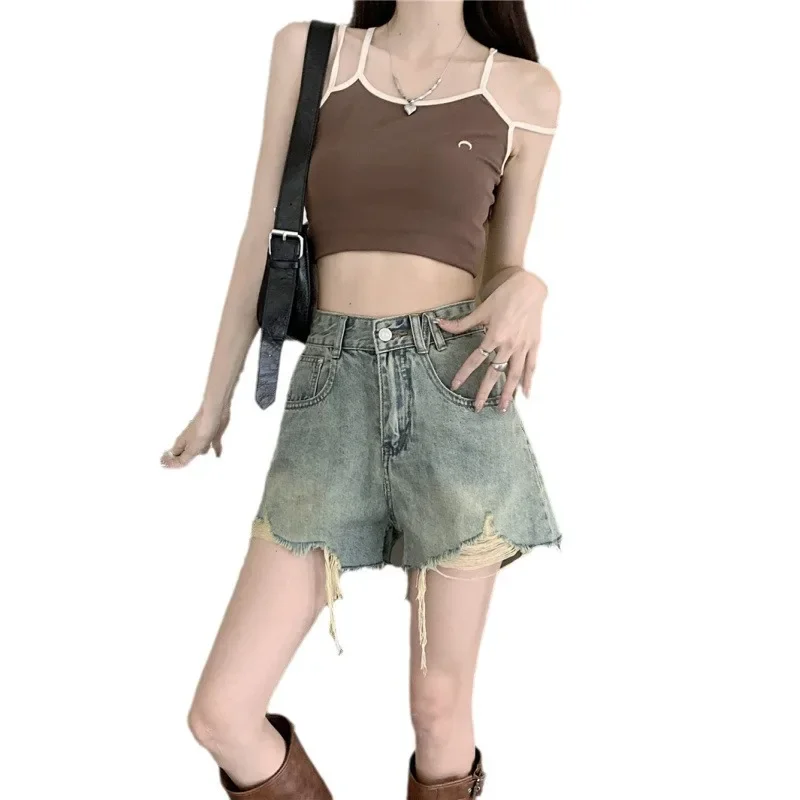 2025 été nouveau Style Vintage taille haute Holey a-ligne Denim Shorts femmes cloche bas pantalons décontractés origine chinoise