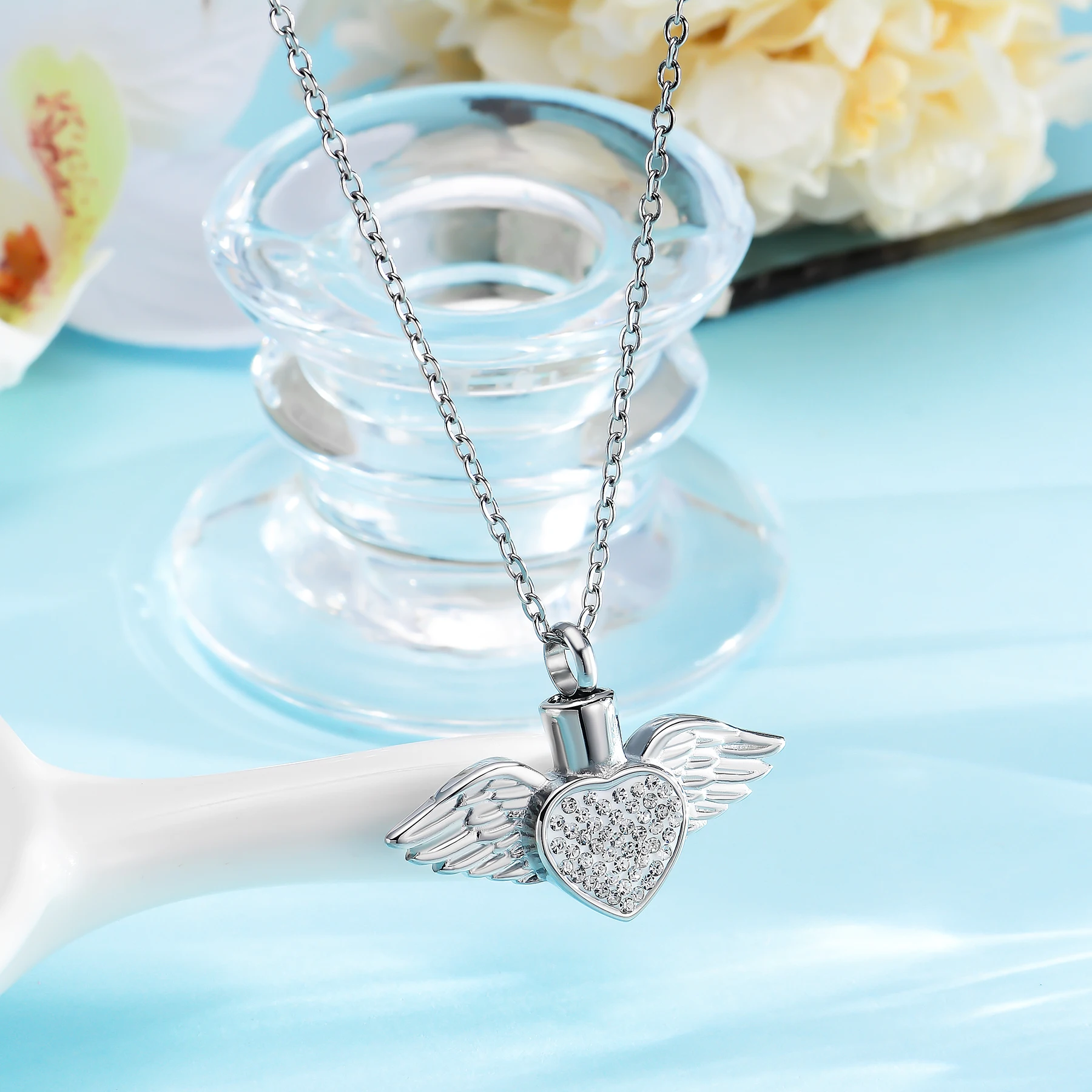 Stainless Steel Rhinestone Heart&Angel Wing Memorial Urn Necklace Pendant Women Keepsake jewelry for ashes cremation
