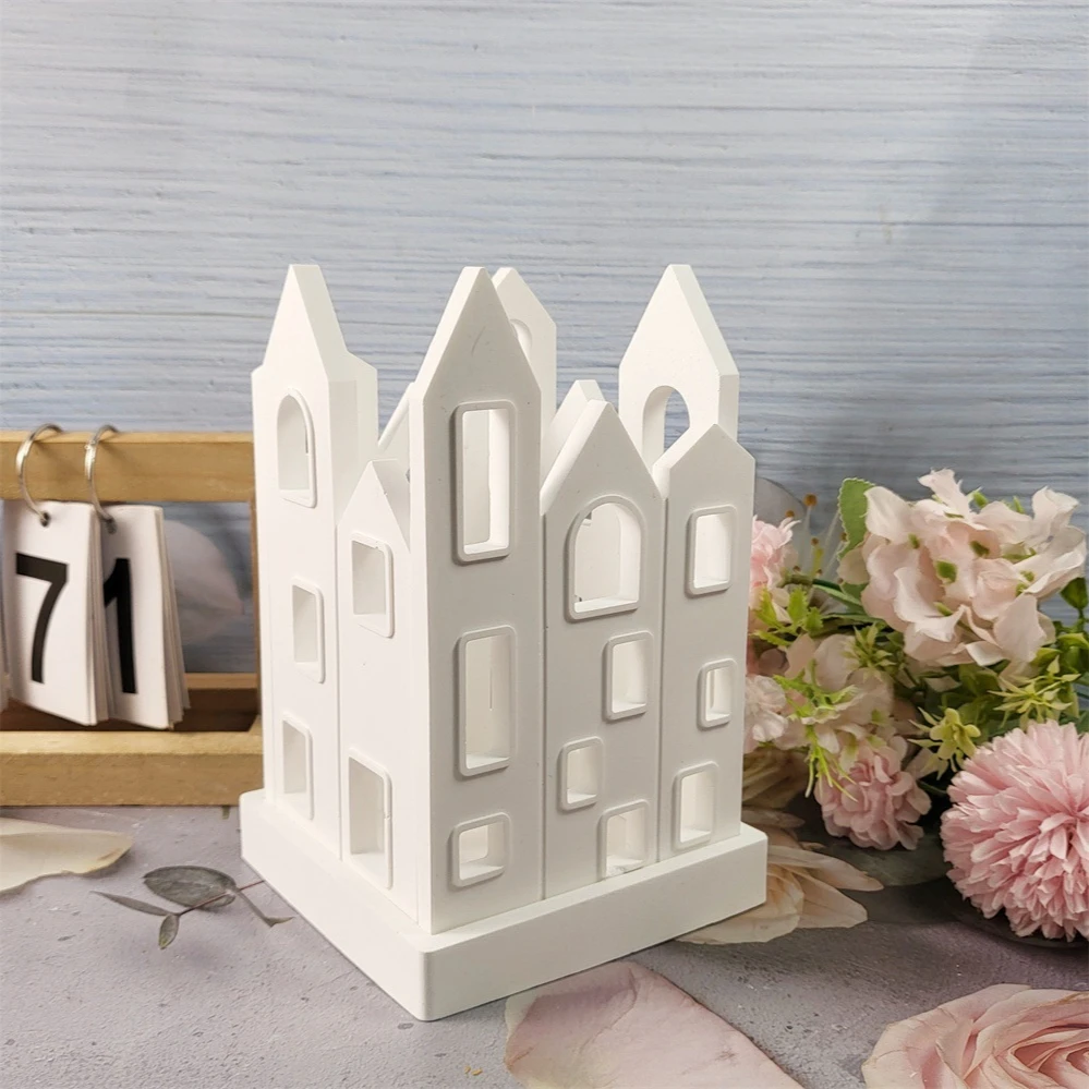 Multiple Windows House Cement Concrete Molds DIY Projection Houses Lamp Box Candle Holder Gypsum Plaster Mould Craft Resin Mold