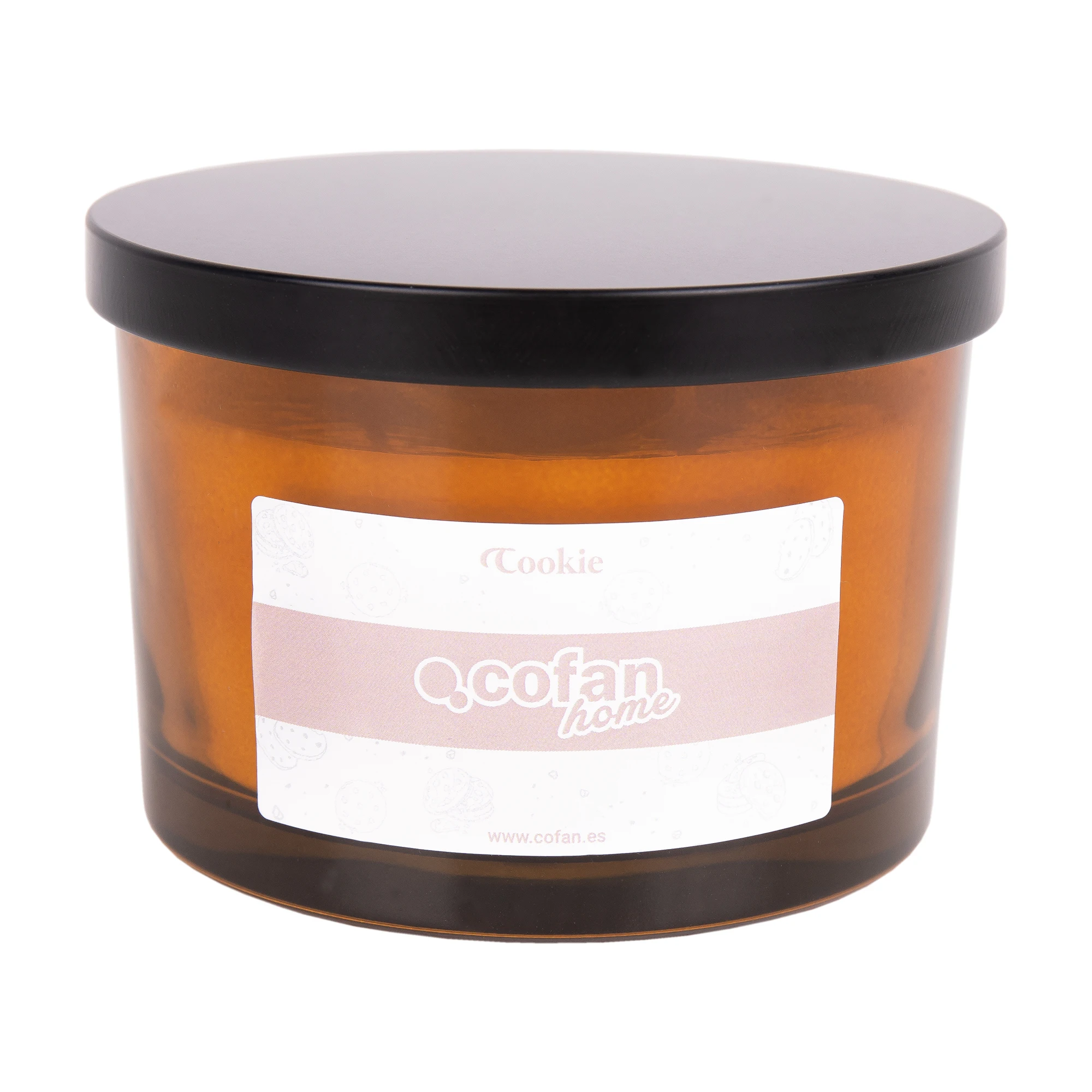 Cofan Vela aromática Cookie de larga duración | 3 mechas | Cera de soja | Aroma canela napolitana | Vaso de vidrio ámbar