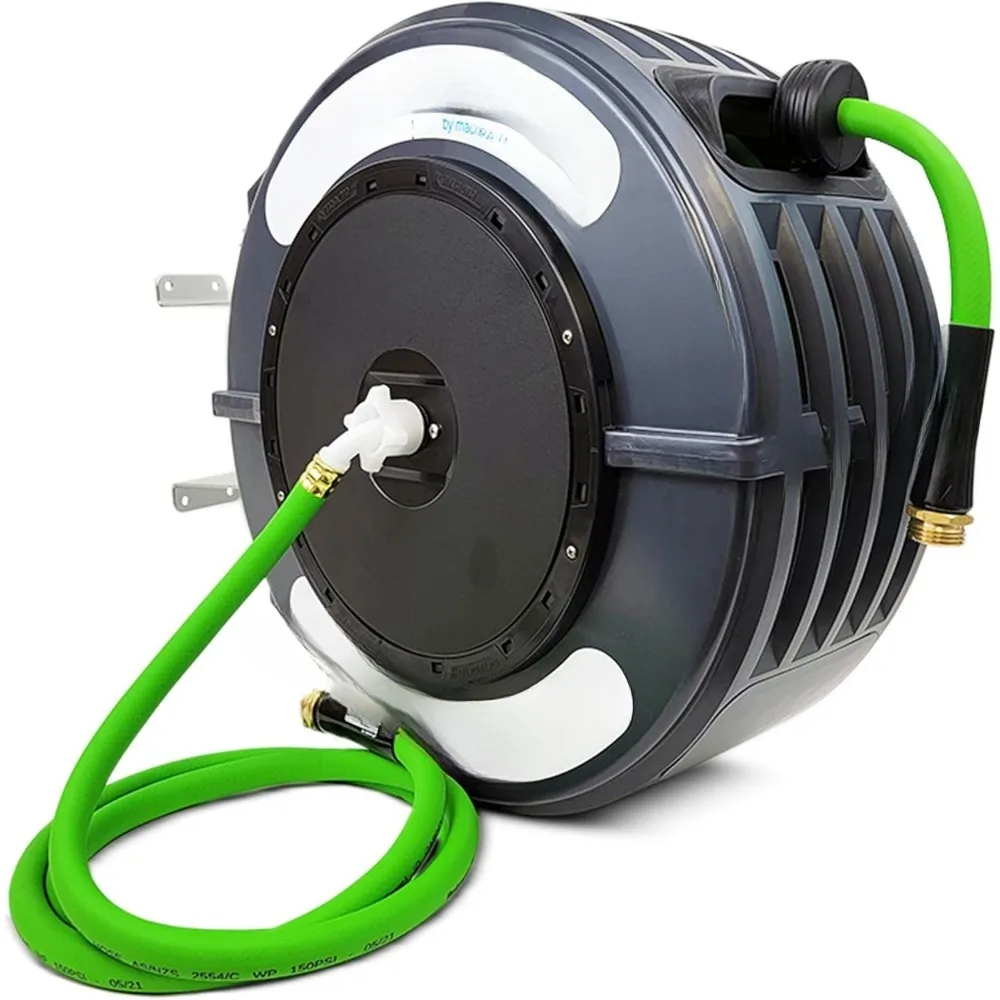 Hose Reel, 82 Ft Water Hose Reel Heavy Duty Retractable Hose with Metal 180° Swivel Rotation Bracket