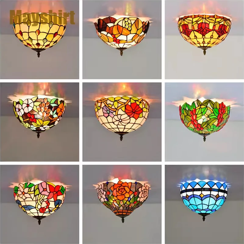 

Stained Glass Ceiling Lights Vintage Tiffany Lamp Retro Led Ceiling Lighting Living Room Bedroom Kitchen Hanglamp Bar Home Decor