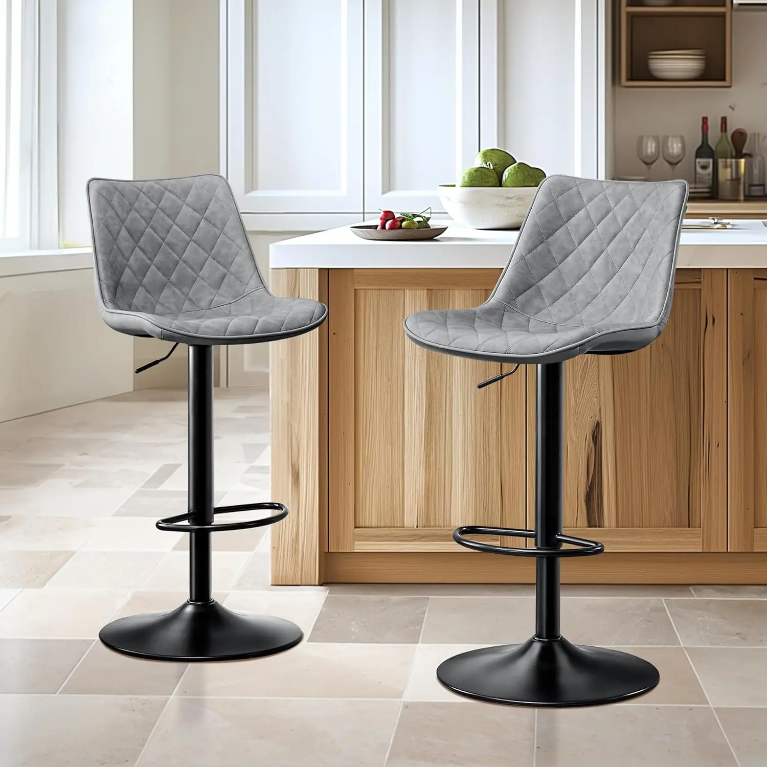 Modern Bar Stool Height Adjustable Scratch-Resistant Leather Bar Chair X-Large Base and Seat Bistro Stool