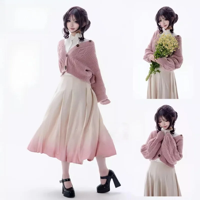 

Anime Waguri Kaoruko Cosplay Costume Dating Pink Gradient Elegant Dress Wig Suit for Women Halloween Carnival Party Outfit