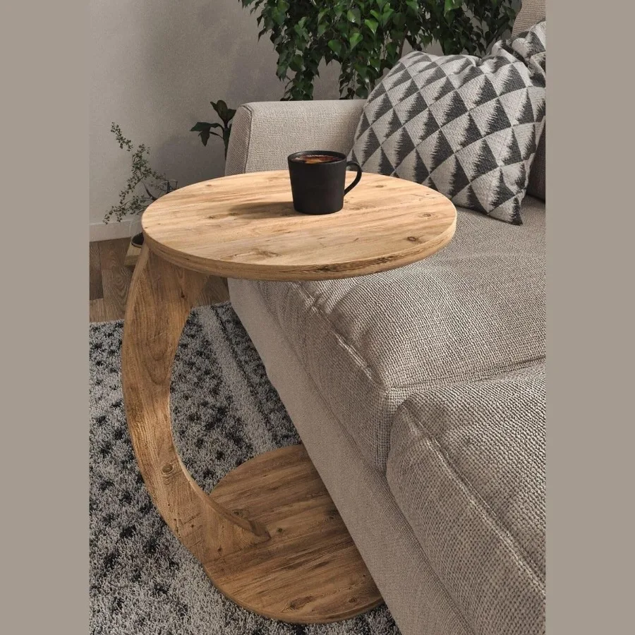 

C Shaped End Table for Couch Small Places Space Saver Round Side Table for Sofa and Bedside with Wheels Coffee and Eating Snack