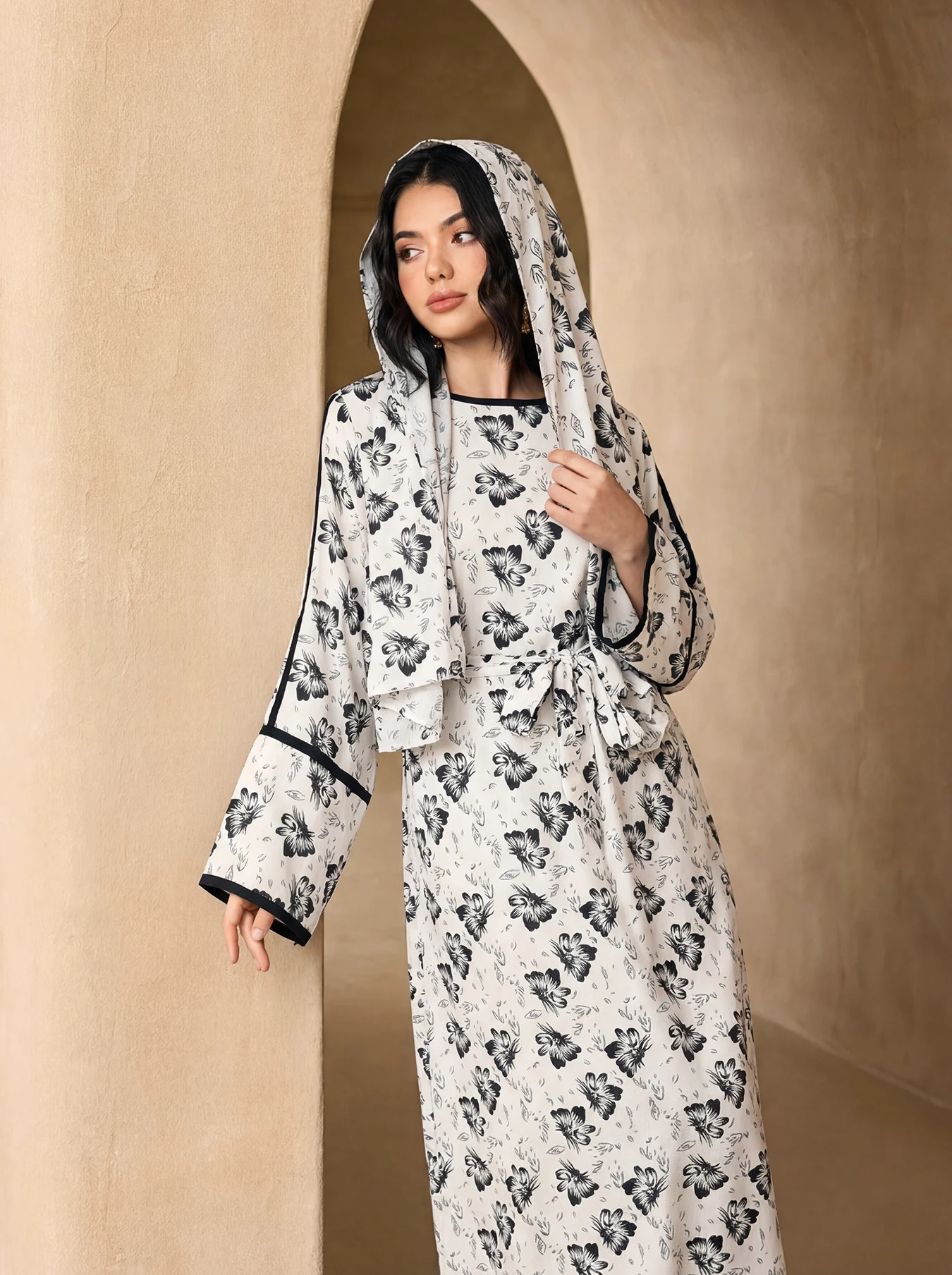 Floral Print Open Abaya 3 Piece Set With Matching Hijab Belt, Flare Sleeve Modest Maxi Dress For Muslim Women Eid Daily Outfit