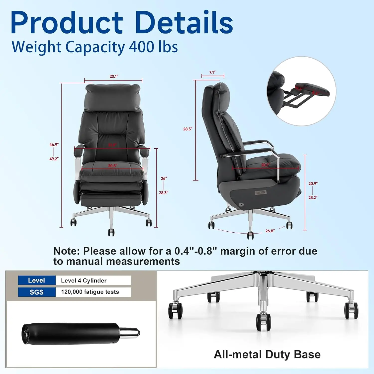 Dual-Motor Executive Office Chair with Foot Rest,Electric Reclining,Big and Tall,Office Chair,Ergonomic Office Chair, High Back