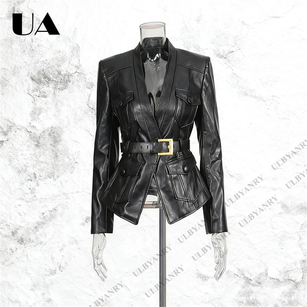 Women’s Black Faux Leather Blazer with Asymmetric Belt & Gold Buckle, Multi-Pocket Design, Edgy Streetwear or Night Out Jacket