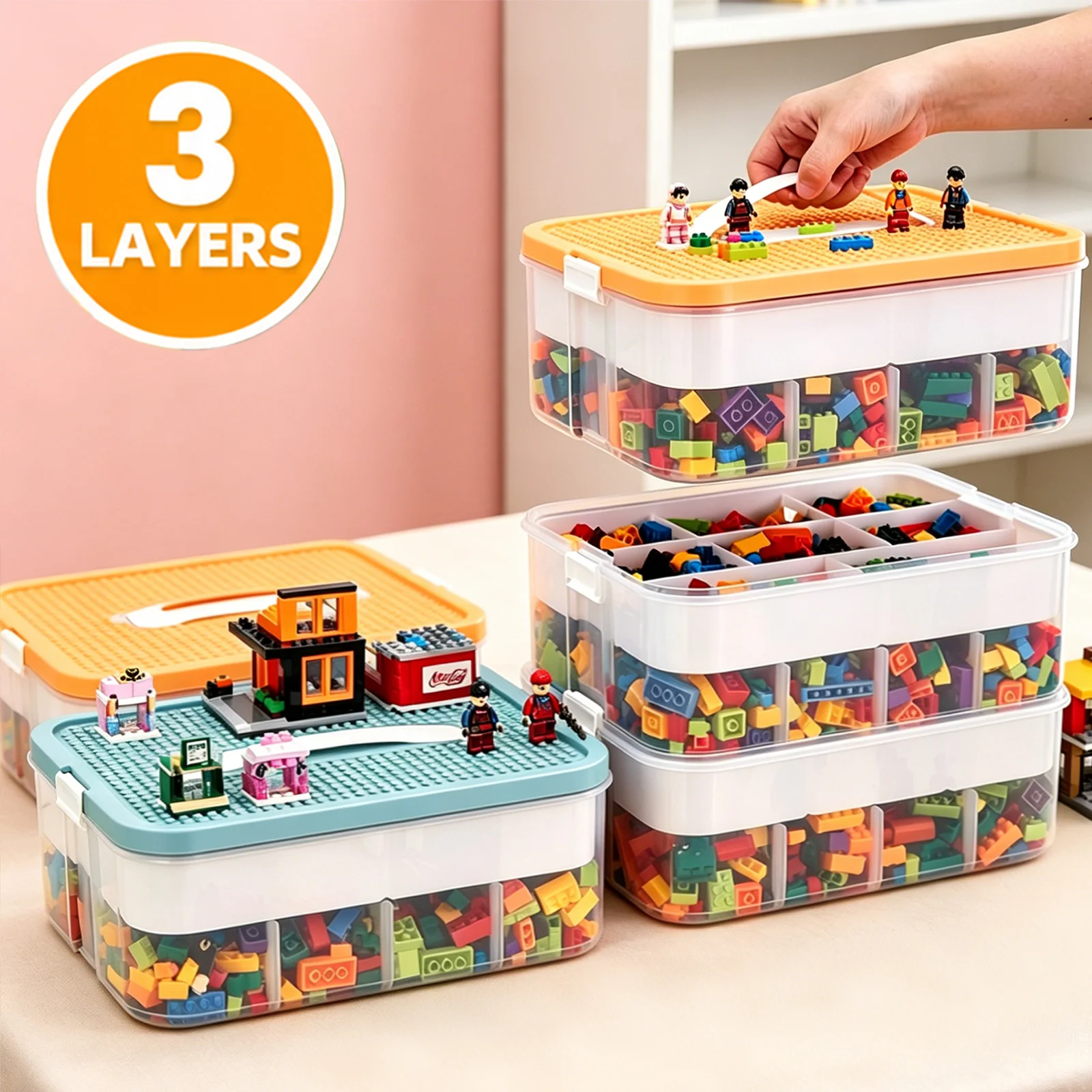 Image of Stapelbare Baustein-Aufbewahrungsbox mit Bodenplatte und Deckel, ABS-Spielzeug-Organizer mit herausnehmbaren Fächern, transparenter Aufbewahrungsbehälter für Lego-Steine & Kinderspielzeug