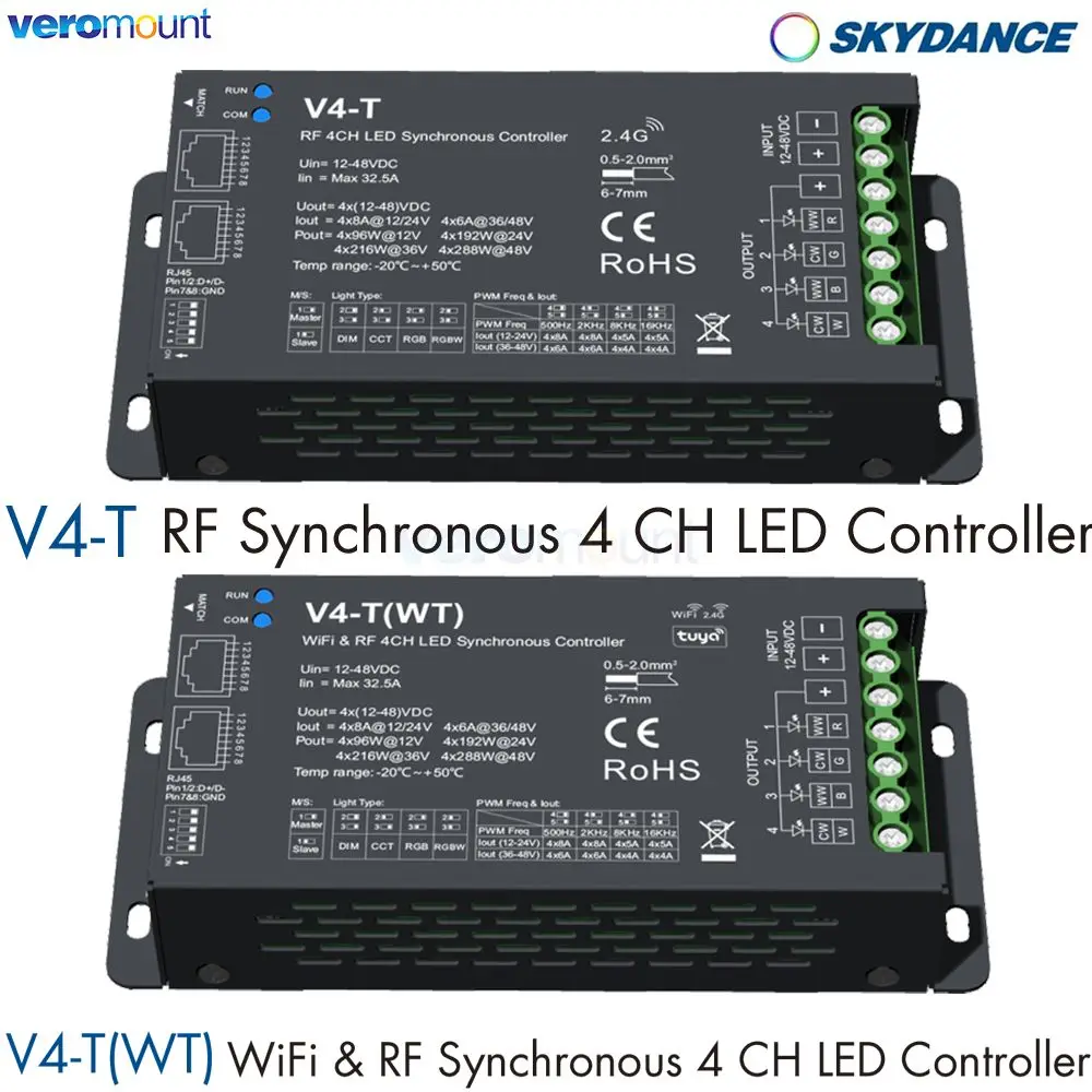 Skydance 4CH*8A 12-48V DC WiFi & RF Synchronous Controller V4-T(WT) (Tuya App) RF Synchronous Controller V4-T DIM/CCT/RGB/RGBW