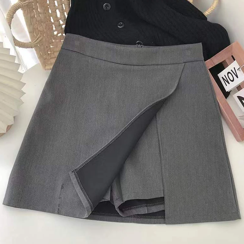 Gonne a trapezio nere e grigie da donna, stile coreano, con spacco frontale, vita alta, mini gonne, streetwear, gonne corte da ballo per donna
