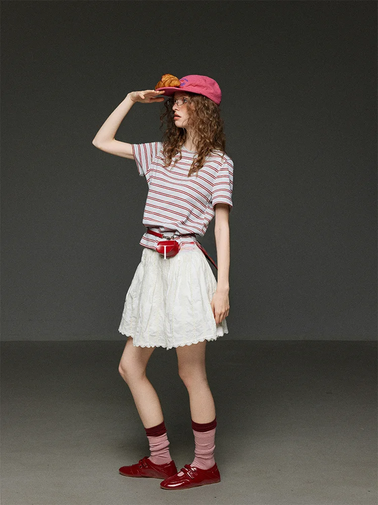 

Женская футболка TNIT в американском ретро-стиле с полосками, свободного кроя, повседневная, с коротким рукавом, летняя новинка, модный дизайн, топ