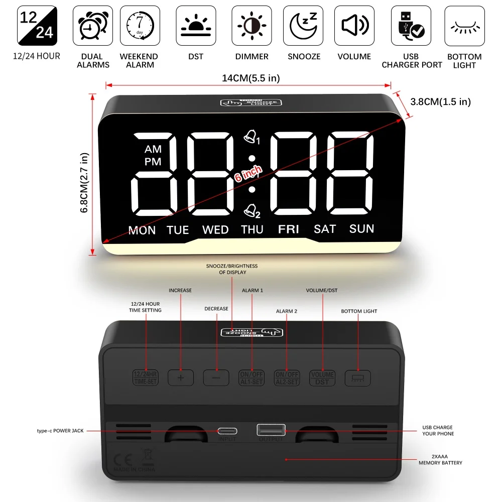 Digital Alarm Clock with Mood Light 5-level Volume Snooze Table Clock 6-level Brightness USB Output Charging 12/24H LED Clock