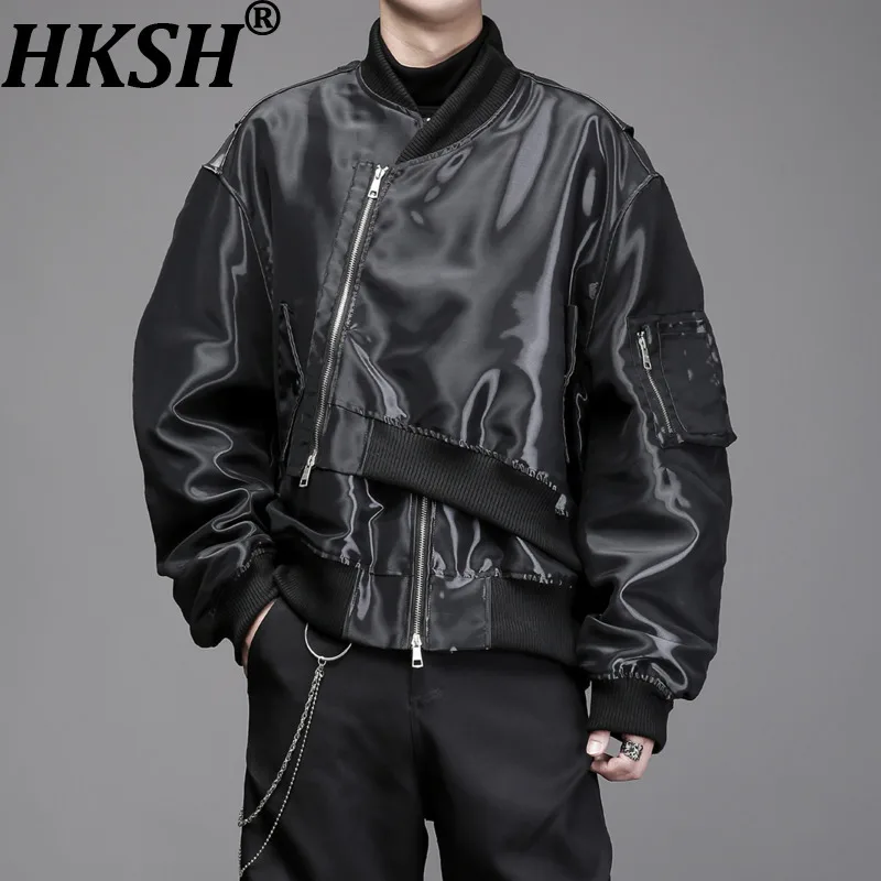 

HKSH Spring Autumn New Man Dark Style Asymmetric Fake Two-Piece Zippers Design Baseball Jacket Tide Loose Punk Chic Coat HK13984