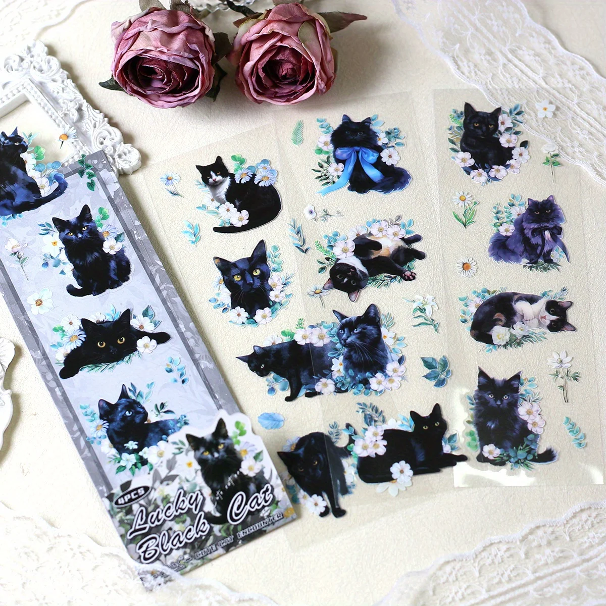 4 Blatt PET süße Katzen Scrapbook-Aufkleber Collage-Aufkleber für Scrapbooking Journaling Verschönerung Dekoration Tagebuch-Aufkleber