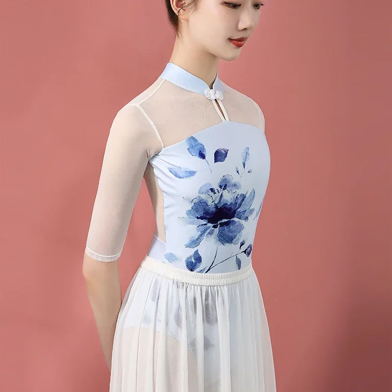 Dance Training Mock Neck Blue body Open Keyhole Ink Printing Chinese Knot Button Ballet body Swimwear