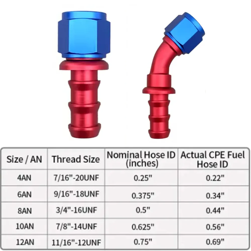 Red Blue AN4 AN6 AN8 AN10 AN12 AN16AN20 Car Push-on Hose End Fitting Fuel Oil Cooler Hose Fitting 0 45 Degree Connection Adapter