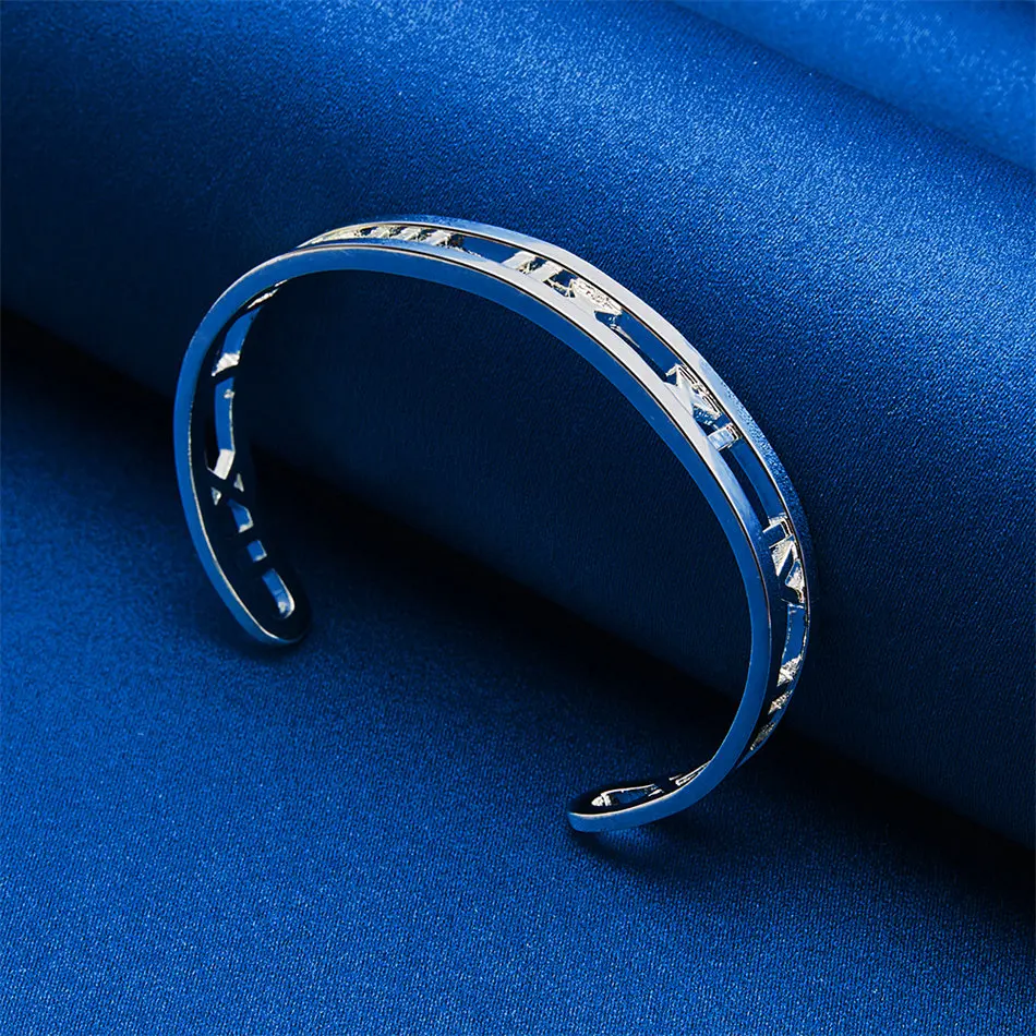 925 Sterling Silver Delicate Openwork Roman Numeral Bangle for Women, Fashionable Wedding Party Jewelry