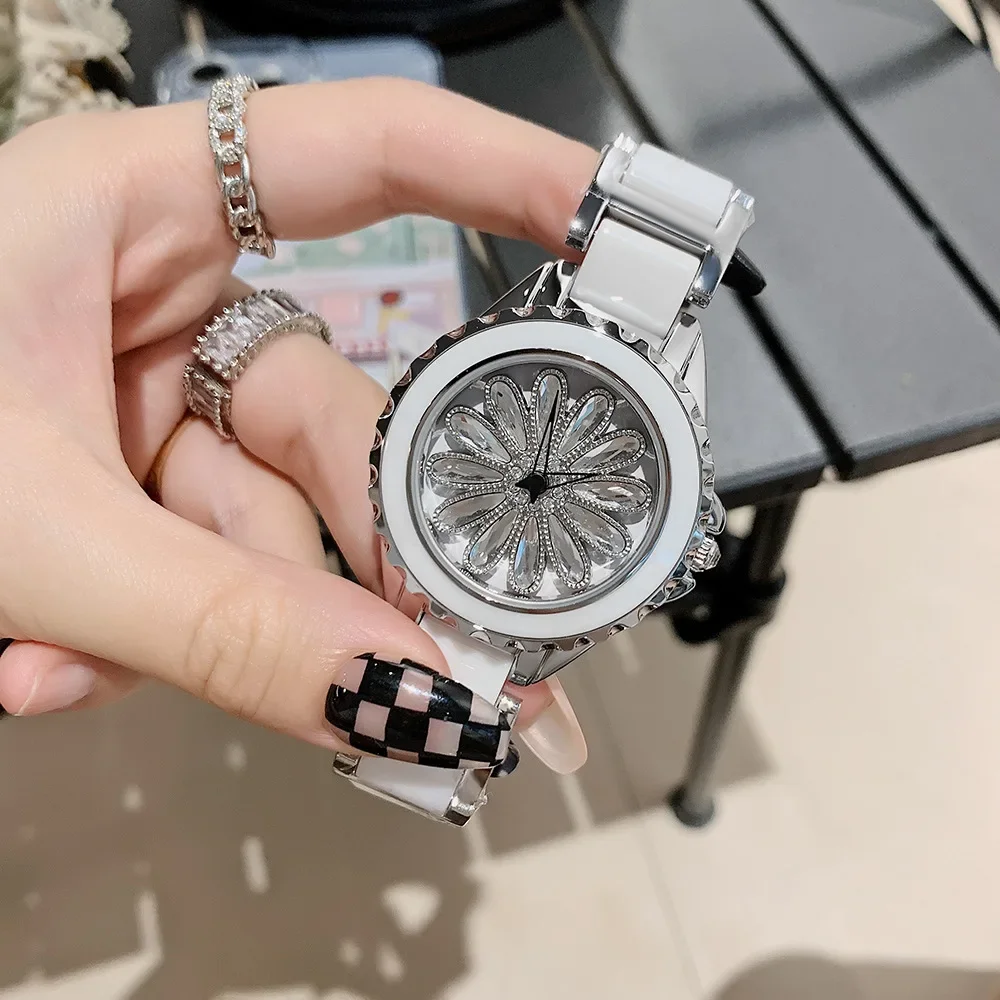 Camellia Elegant Fashion Ceramics White Watch Women Waterproof Diamond Face Butterfly Neddle Lady Watch