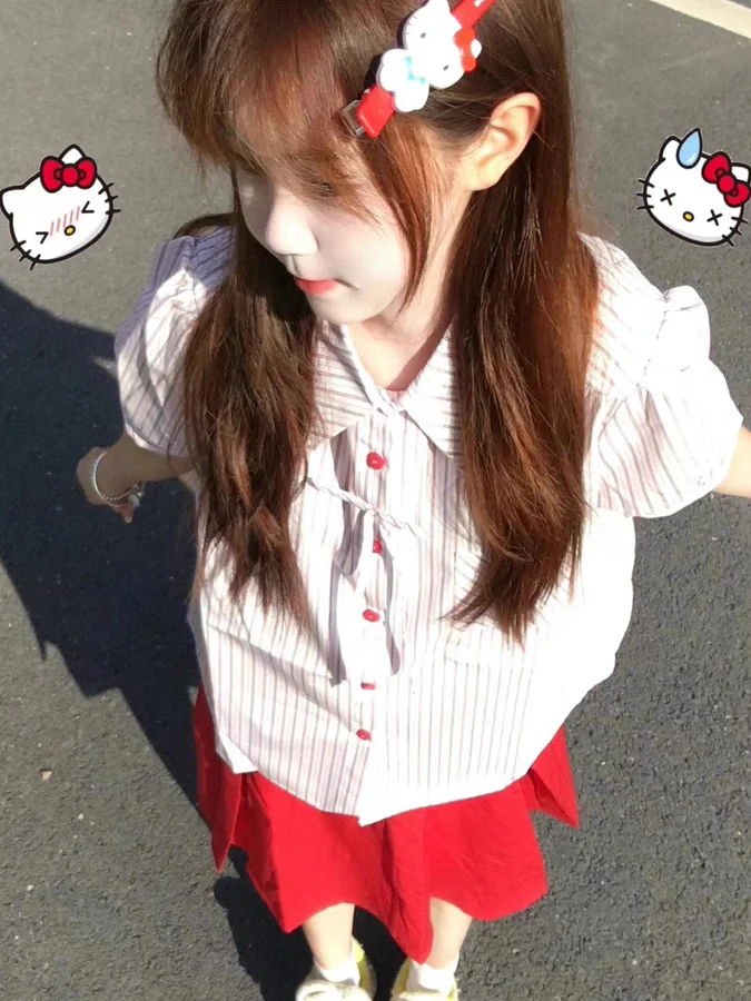 

Розовая полосатая женская блузка с коротким рукавом в студенческом стиле, с рукавами-фонариками, укороченная, с эффектом омоложения, с узлом, топ