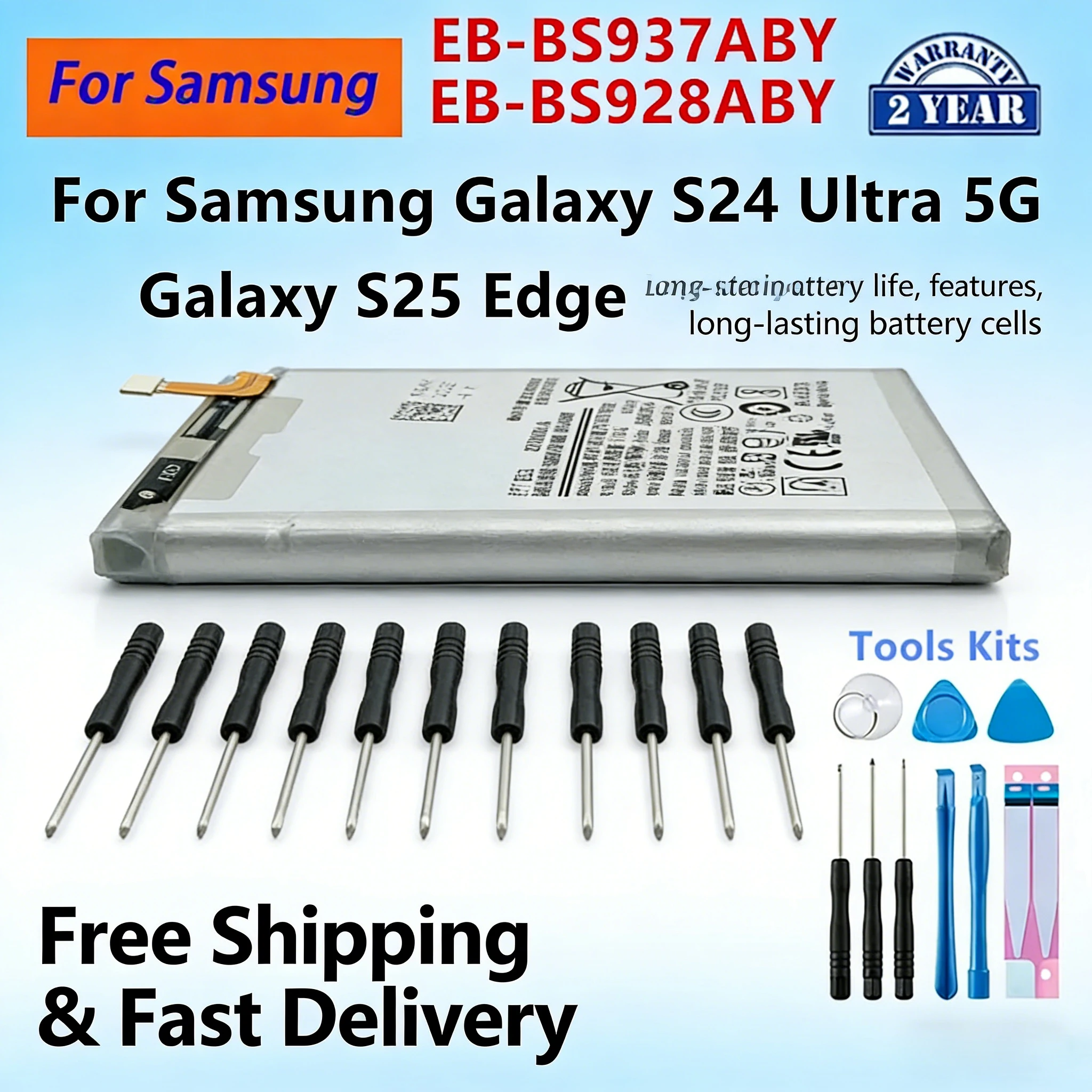 

5000mAh New Battery for Samsung Galaxy S24 Ultra S25 Edge EB-BS928ABY EB-BS937ABY 5G Phone Repair Parts with Opening Tool Kit