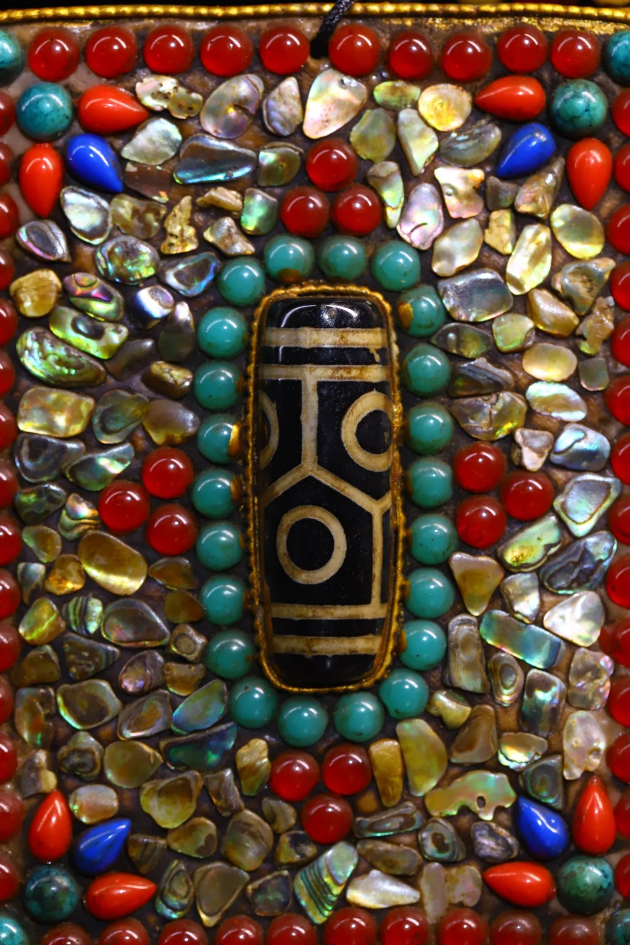 

3"Tibetan Temple Collection Old Natural Meteorite Mosaic Gem gZi Beads Shell Garuda Dhwaja Buddha Card Pendant Amulet Exorcism