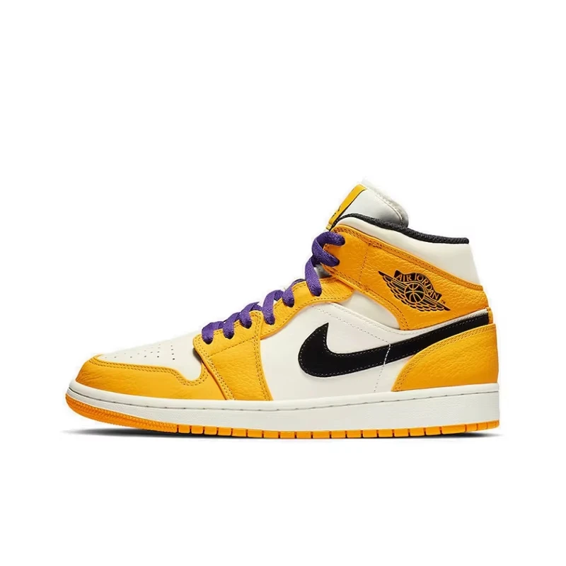 

Original Air Jordan 1 Mid 'Lakers' Yellow and Purple For Men Retro Classic Basketball Sneakers Shoes 852542-700