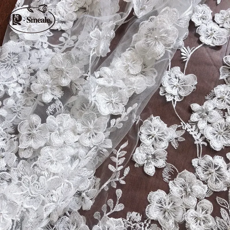 White Beaded Applique Lace Fabric, Wedding Dress, White Accessories, Width 86cm and 135cm, RS1696