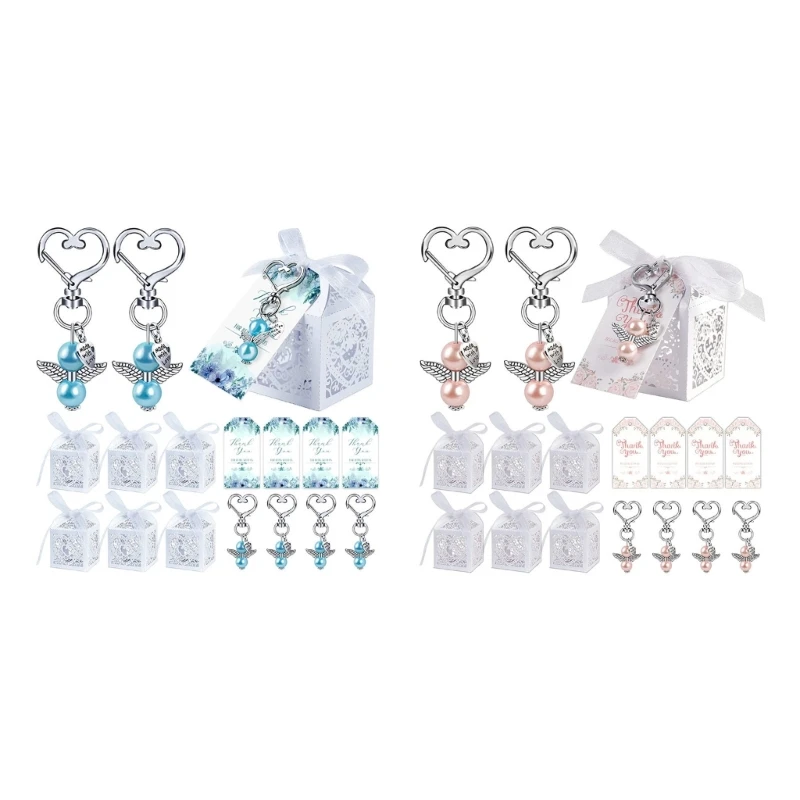 144 Piecces Angel Keychain with Baptism Favor Boxes Kraft Paper Alloy Keys Rings Pendant Wedding Favor Gift for Bag