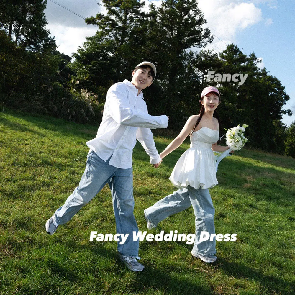 

Fancy Simple Strapless A Line Korea Wedding Dress A Line Taffeta Prom Gown Mini Short Back Corset Customized