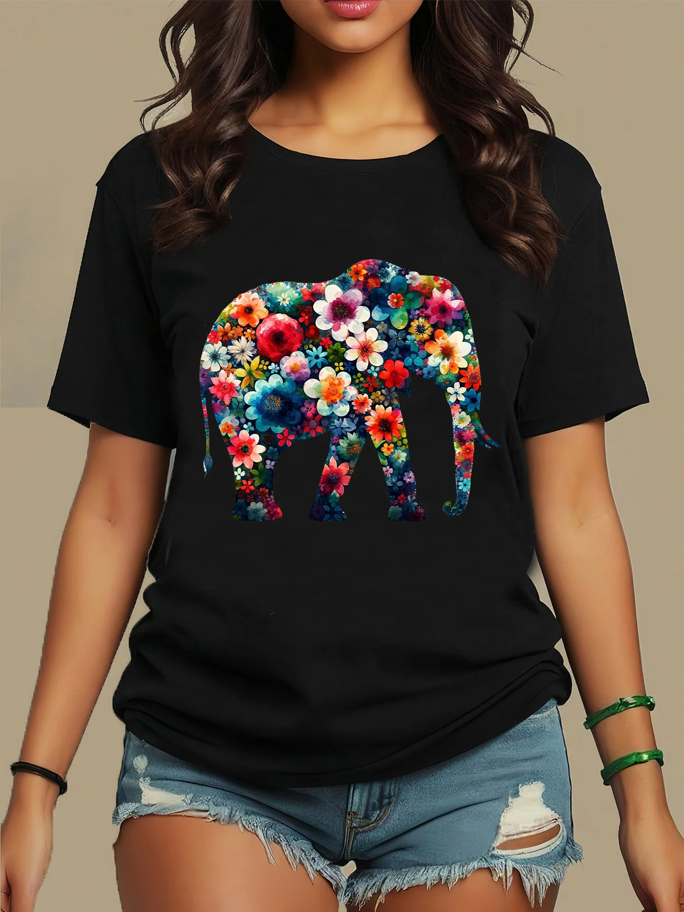 

Women's Casual Floral Elephant Print T-Shirt - Soft Stretch Polyester Blend, Machine Washable Round Neck Short Sleeve Top for Al