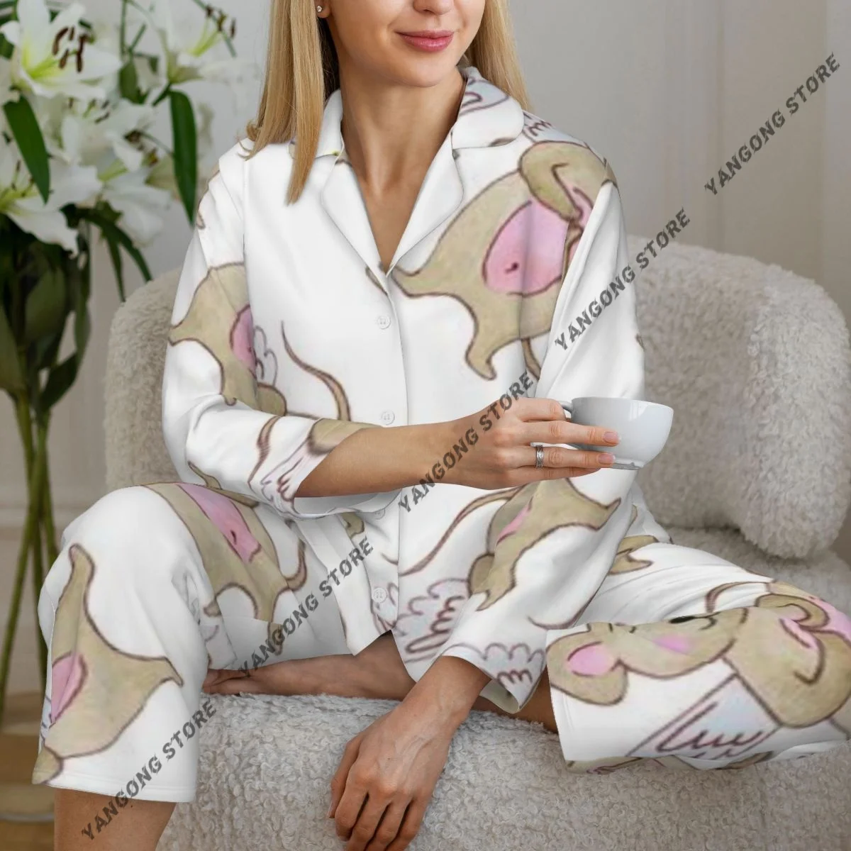 

Spring and Autumn Long Sleeve Pants Pajamas Loungewear Set Rats Funny Mice Women's Pull Edge Loose Sleeping Suit