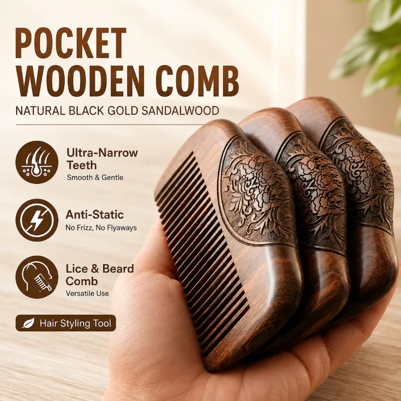 

Natural Black Gold Sandalwood Comb Double-sided Carved Wooden Hair Brush Gently Massages Scalp and Relieves Fatigue Ideal