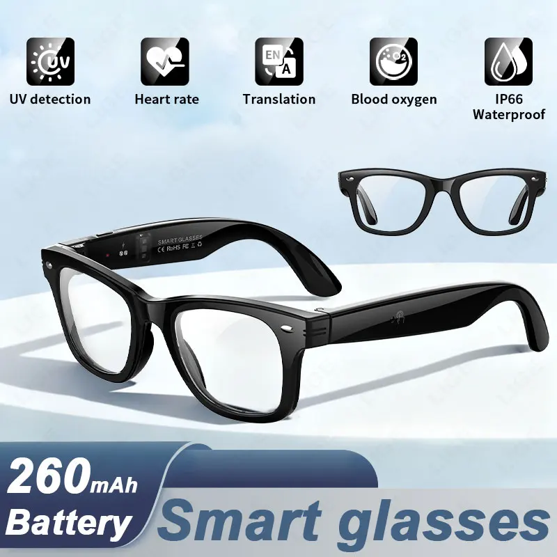 

LIGE AI Smart Glasses 100+Languages Translation Sunglasses Thermometer Heart Rate Blood Oxygen Monitoring Bluetooth Call Glasses
