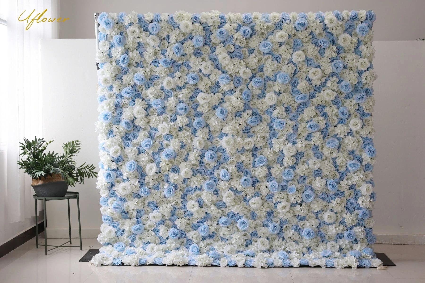 Uflower Wedding Blue White Rose 5D  Artificial Flower Wall Row Arch Backdrop Fabric Floral Event Party Prop Floral Arrangement