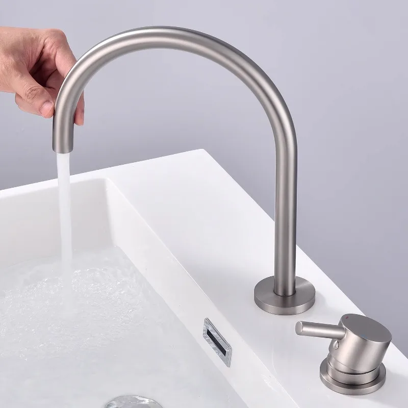 صنبور حوض، حوض غسيل بفتحة مزدوجة من النوع المنفصل، حوض، خزانة حمام، صنبور بفتحة مزدوجة مصقول بسيط