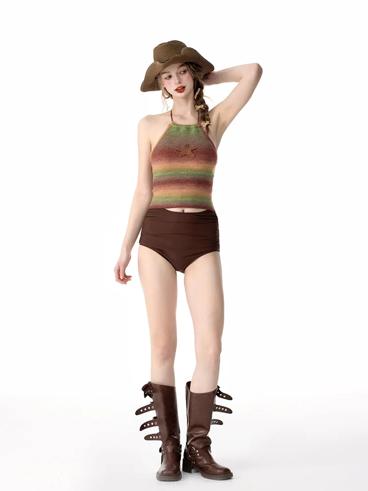 

Женский раздельный купальник-бикини с высокой талией, вязаный, в американском стиле, с эффектом пуш-ап для небольшой груди, термокомплект для отдыха