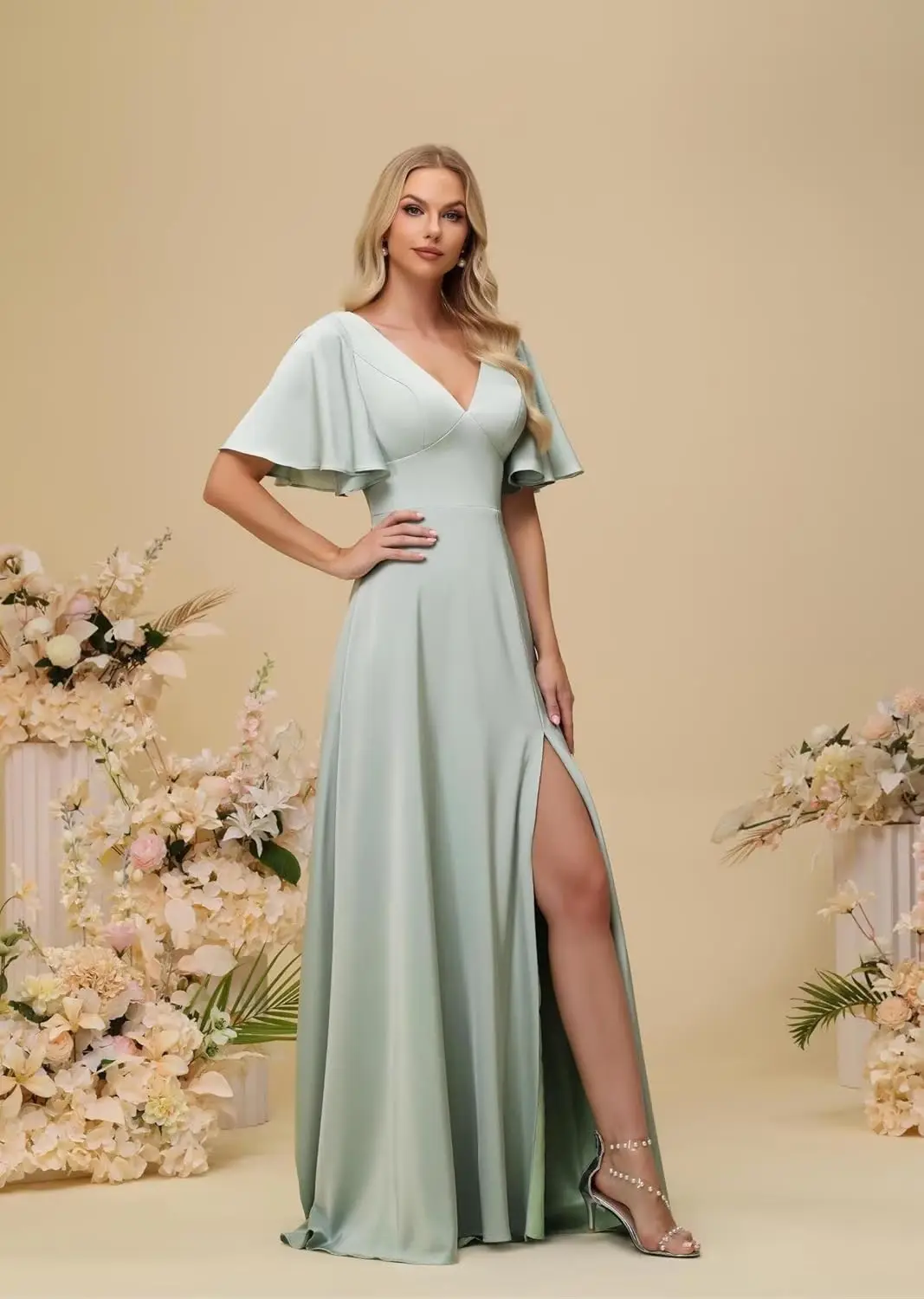 Свадебная вечеринка, шифоновое платье подружки невесты с короткими рукавами для женщин, элегантное макси-платье с разрезом и длинным вырезом, вечернее коктейльное платье