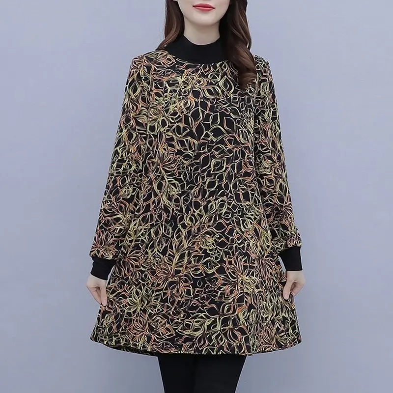 Autumn and Winter Women\'s Half High Neck Long Sleeve Loose Panel Printed Bottom Plus Size Fashion Casual Office Lady Dress