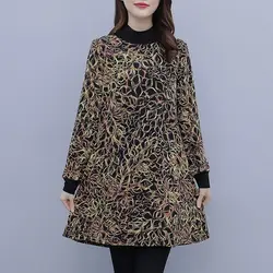 Autumn and Winter Women's Half High Neck Long Sleeve Loose Panel Printed Bottom Plus Size Fashion Casual Office Lady Dress