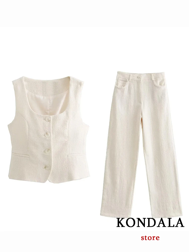 KONDALA Vintage Solid Beige Office Lady Women Suit Fashion 2023 Casual Sleeveless Luxury Vest Blazer Tassel Wide Leg Long Pants