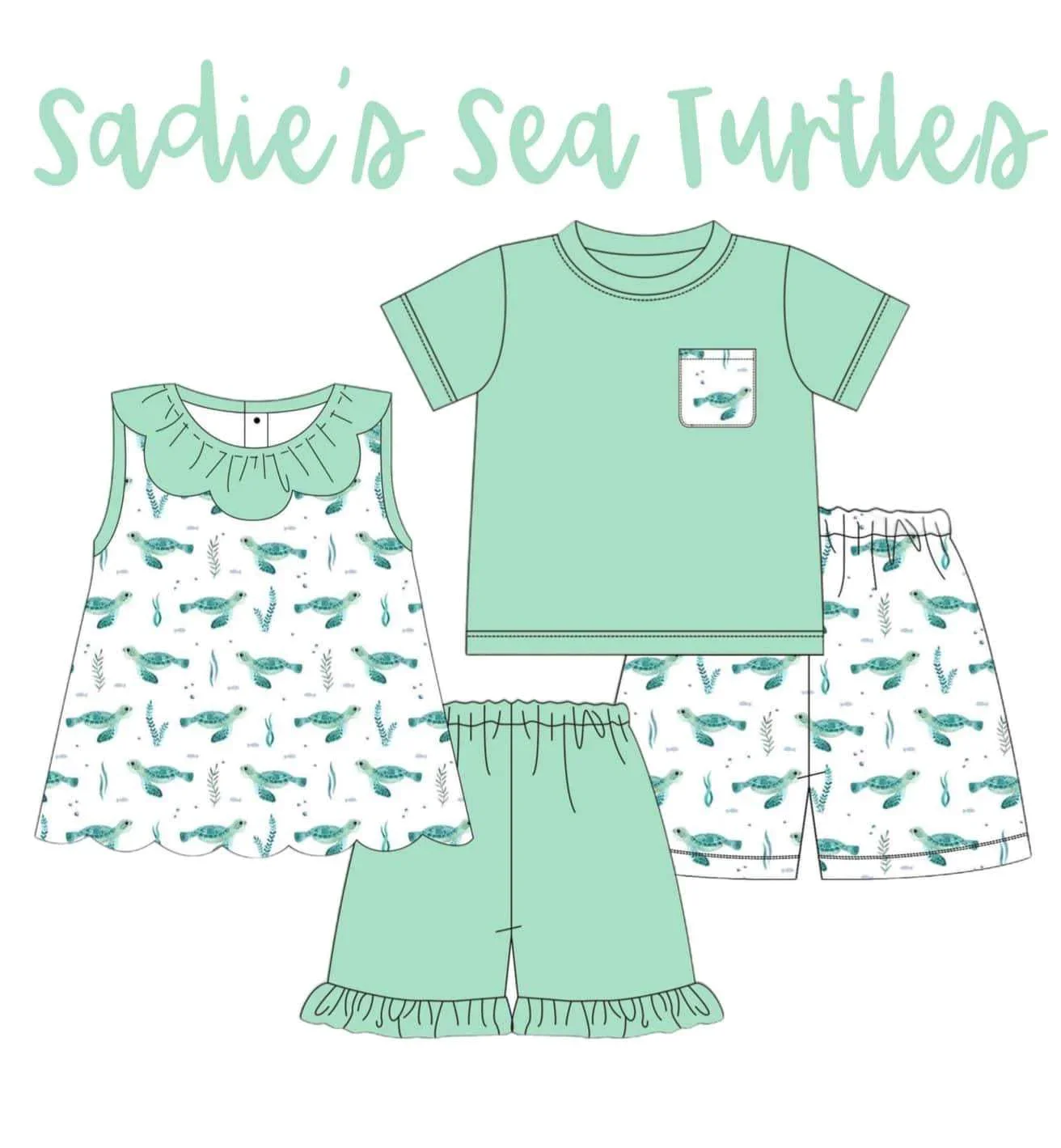 New 2-piece children's clothing sleeveless lace turtle seagrass print shorts lace girls boys print shorts set