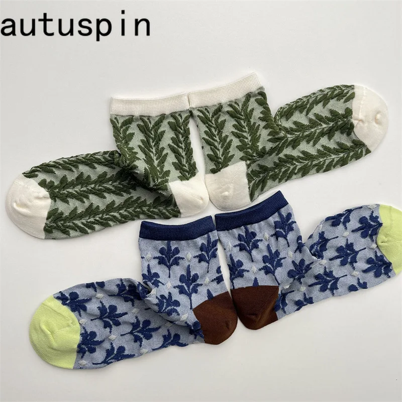 

Женские ретро-носки темно-зеленого, сине-серого цвета с цветочным узором, разноцветные, хлопковые, удобные, весенние, средней длины