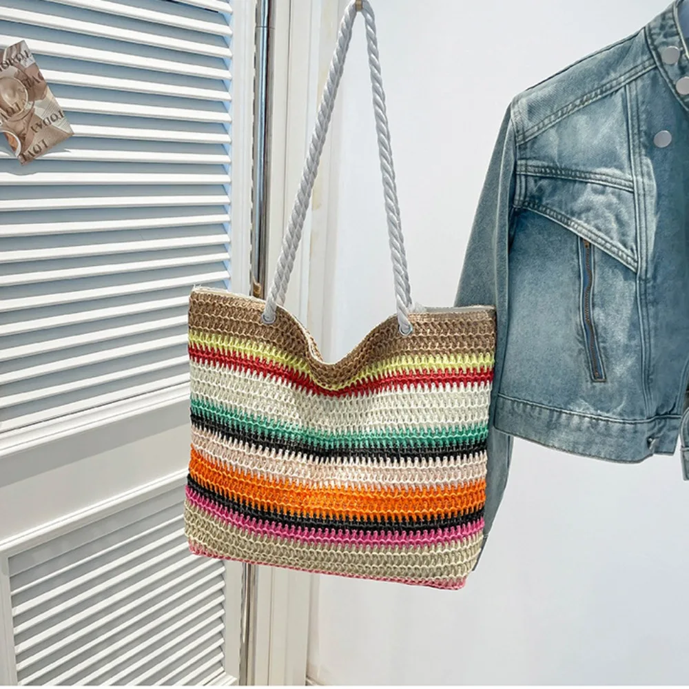 

Cute Beach Handbag Strip Weave Bag Bohemian Style Large Capacity Rainbow Beach Bag Lazy Style Hollow Tote Bag Streetwear