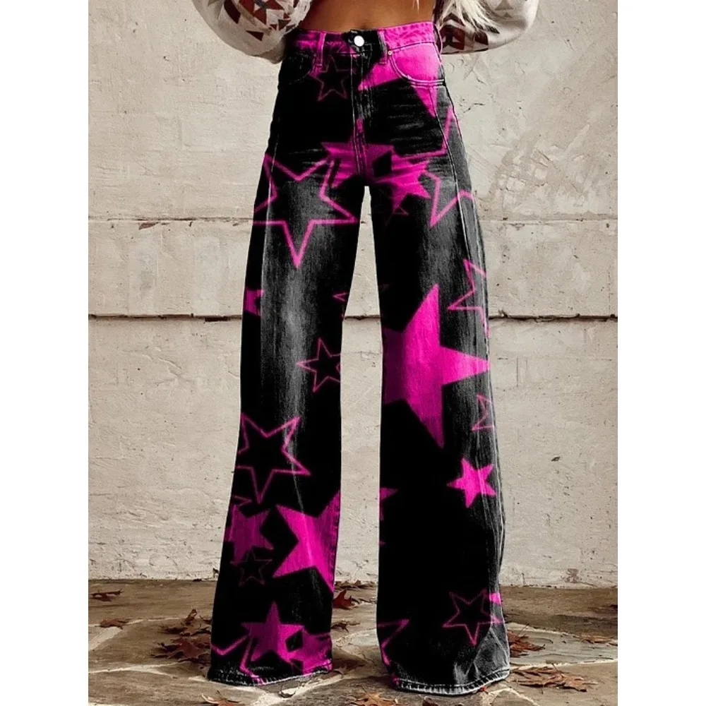 Y2K Ästhetik Himmlischer Sternenprint Hochgeschnittene Weite Hose Harajuku Punk Streetwear Lässige Loose-Fit Hose Cooler Outfit-Stil – Detail 4