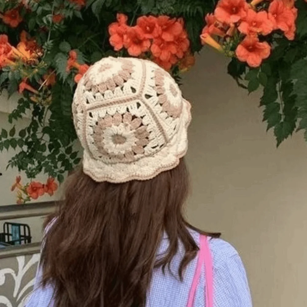 Fashion Fleece thread Knitted Fisherman Hat Hollow Korean Style Flower Sun Hat Bucket Hat Daily