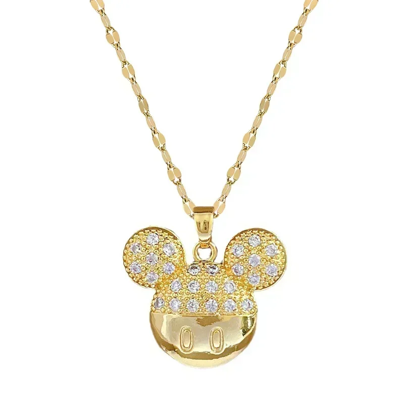 Cartoon Disney Mickey Minnie Mouse Studded with Zircon Necklace for Women Girl Stainless Steel Chain Sweet Gift for Friends Fans