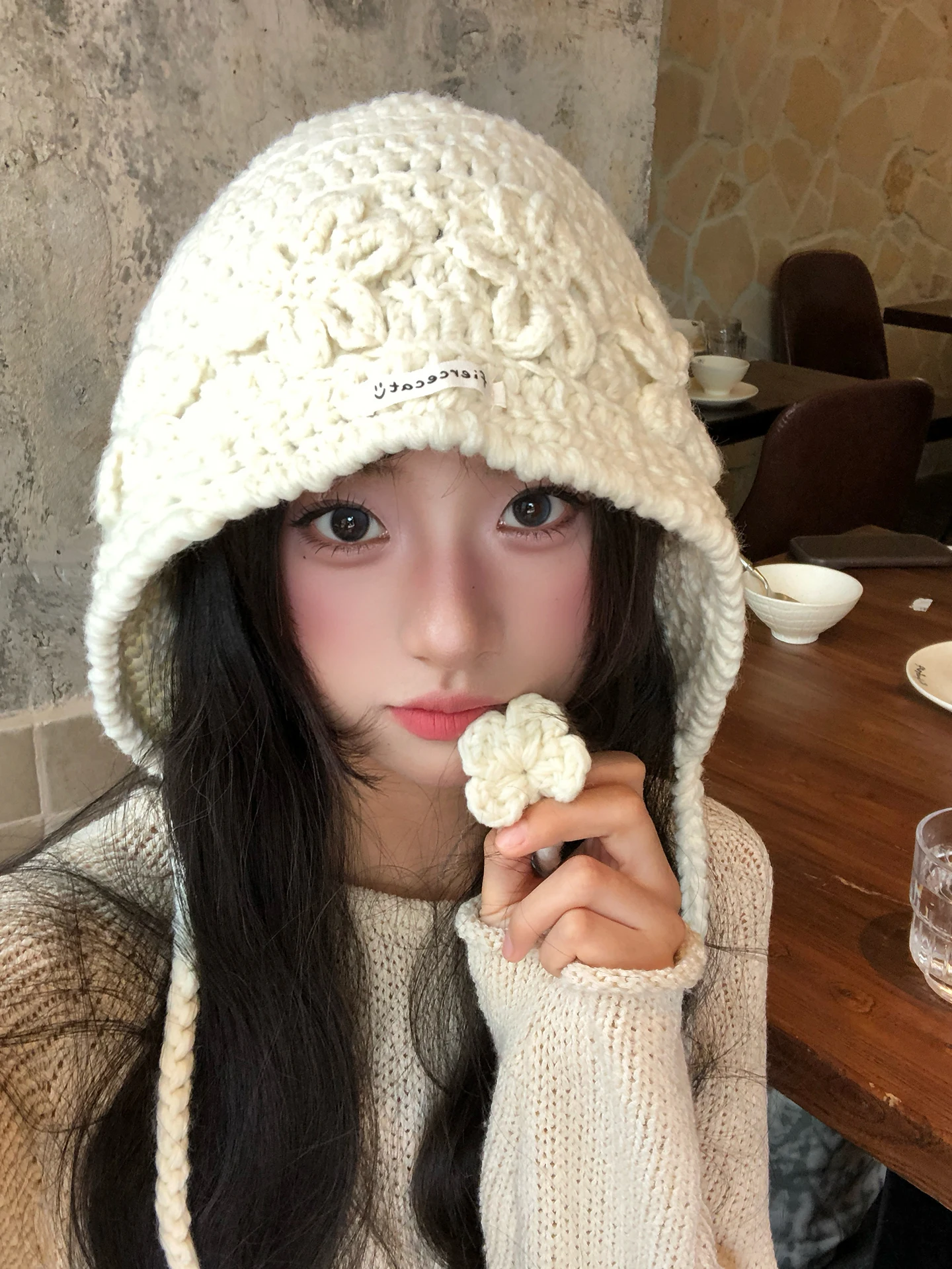 Handmade Knitted Flower Tassel Headband Women's Early Autumn New Style Small Face Effect Knit Woolen Cap Casual round Top Unisex