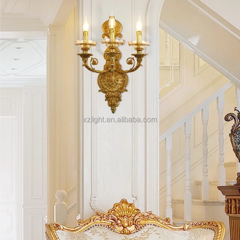 French Forged BrassWall Lamp, European Luxury Retro Three Head Hotel Living Room Villa Background Wall Lamp